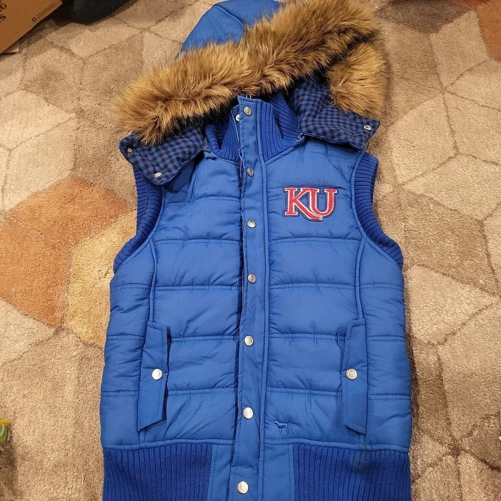 Nwot Victoria's Secret PINK KU Rock Chalk Blue Puffer Vest Fur Hood Plaid